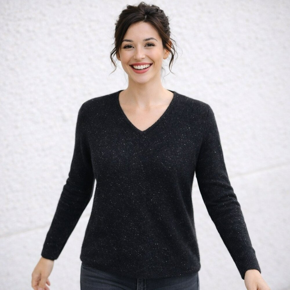 Knyt & Lynk Cashmere Speckled V-Neck Sweater Womens Medium Black